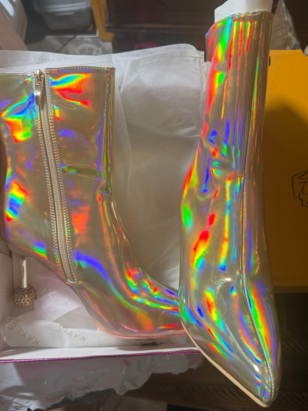Kayleen by Los Angeles - Holographic Rainbow Ankle Boot with Gold Ball Heel